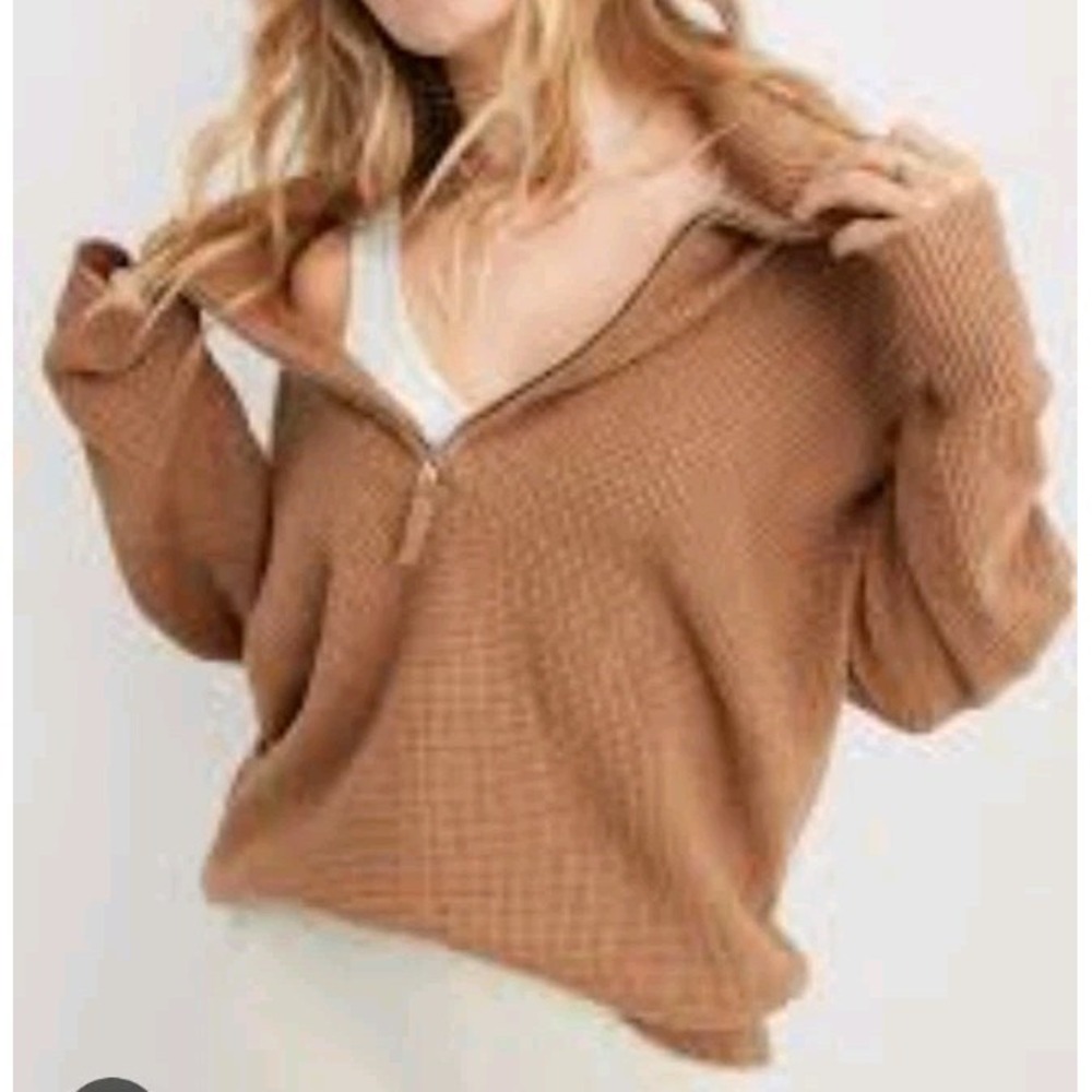 Aerie Cozy Up Waffle Quarter Zip Sweater Oversized Mock neck Top Woman's Size S